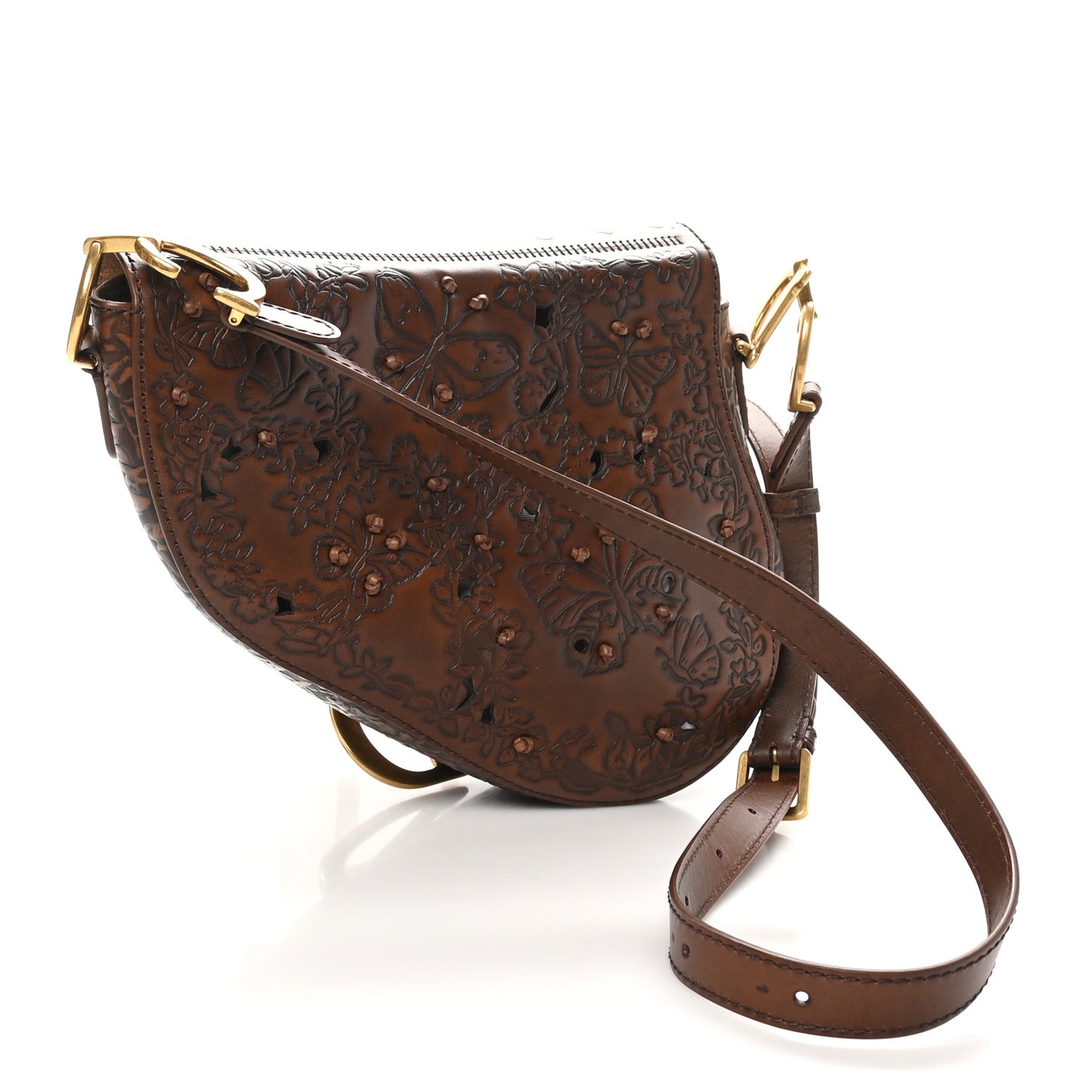 Calfskin Painted Laser Cut Saddle Bag With Strap Brown Multicolor