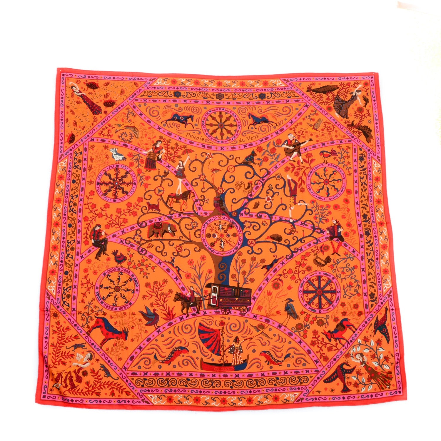 Hermes Cashmere Silk Peuple Du Vent Shawl 140 Rose Indien Orange Cobalt 3 of 6