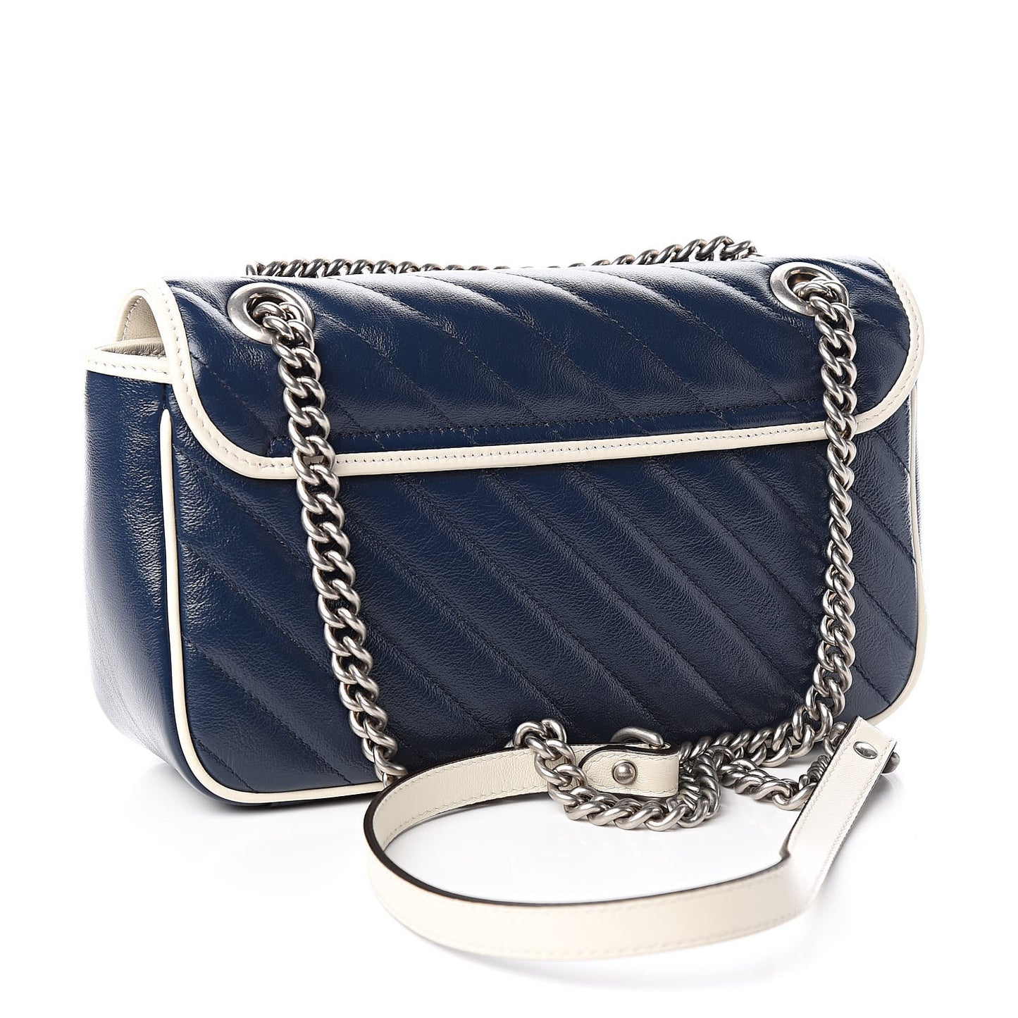 Vintage Effect Calfskin Matelasse Diagonal Small Torchon GG Marmont Shoulder Bag Blue Agata Mystic White