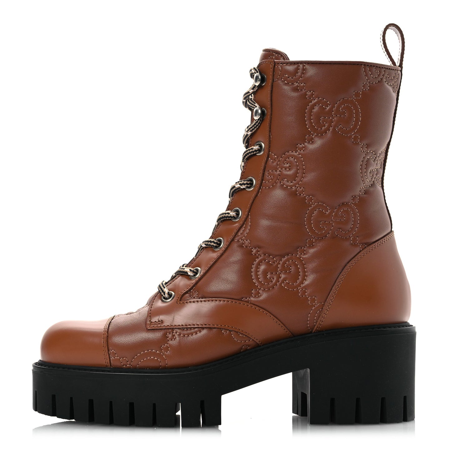 Cordovan Lux Nappa GG Matelasse Lace Up 60mm Combat Boots 36 Dark Hazel Brown