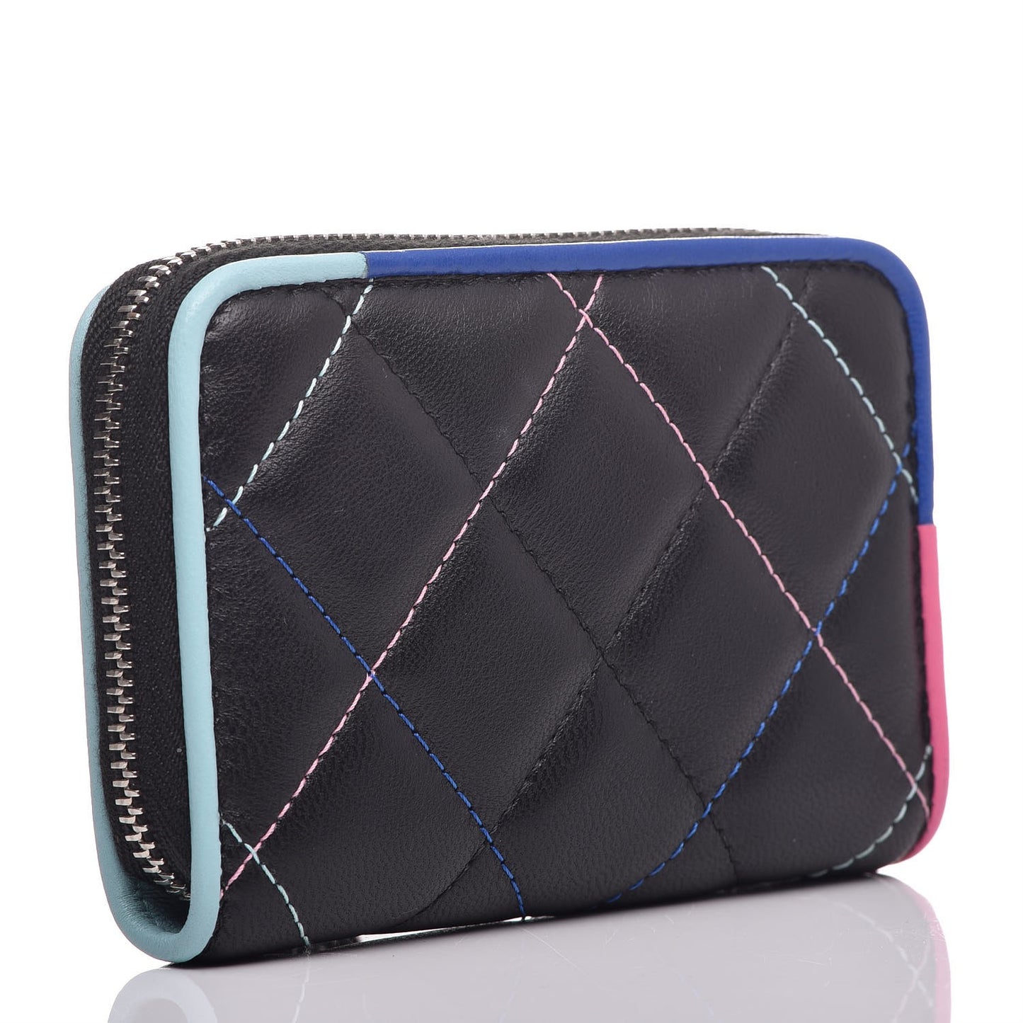 Lambskin Quilted Zip Around Coin Purse Wallet Black Multicolor