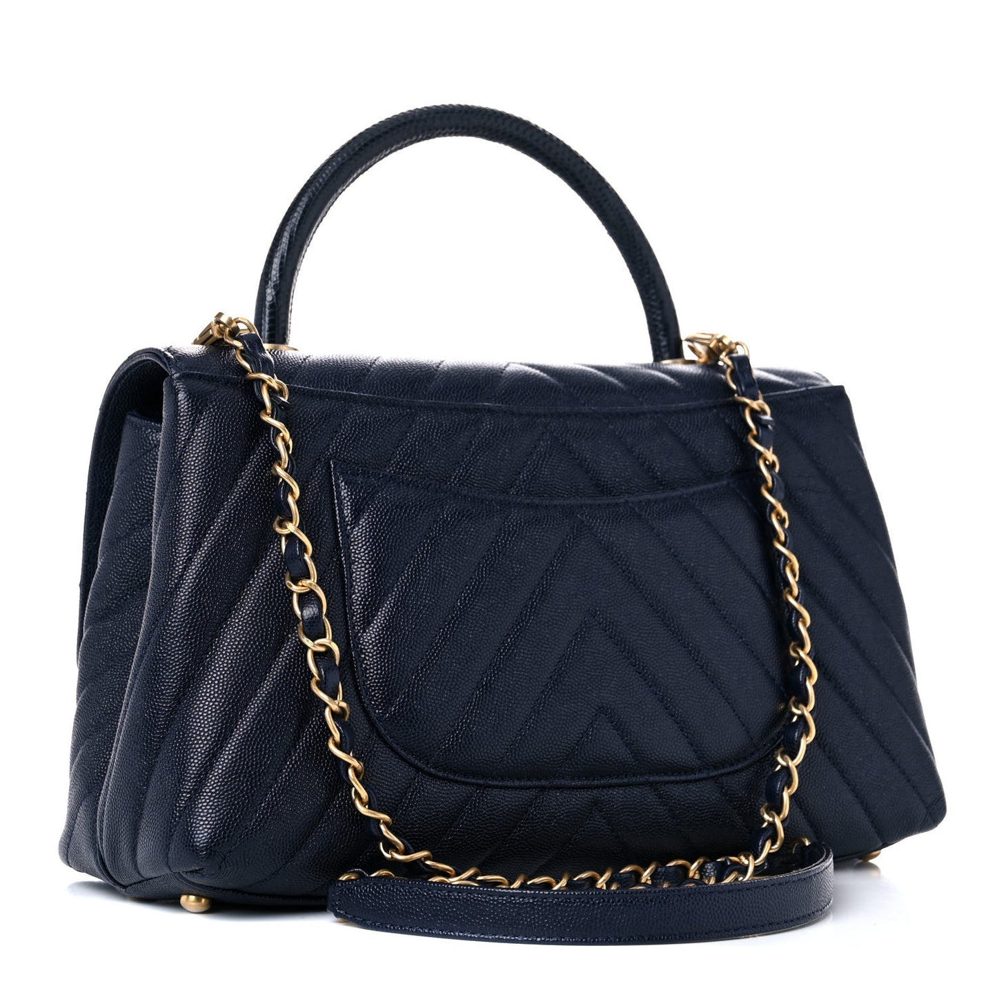 Caviar Lizard Quilted Chevron Small Coco Handle Flap Navy Blue