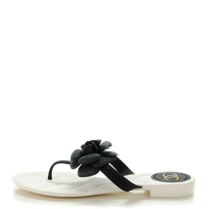 Chanel Jelly Quilted Camellia Thong Sandals 39 Black White 1 of 7