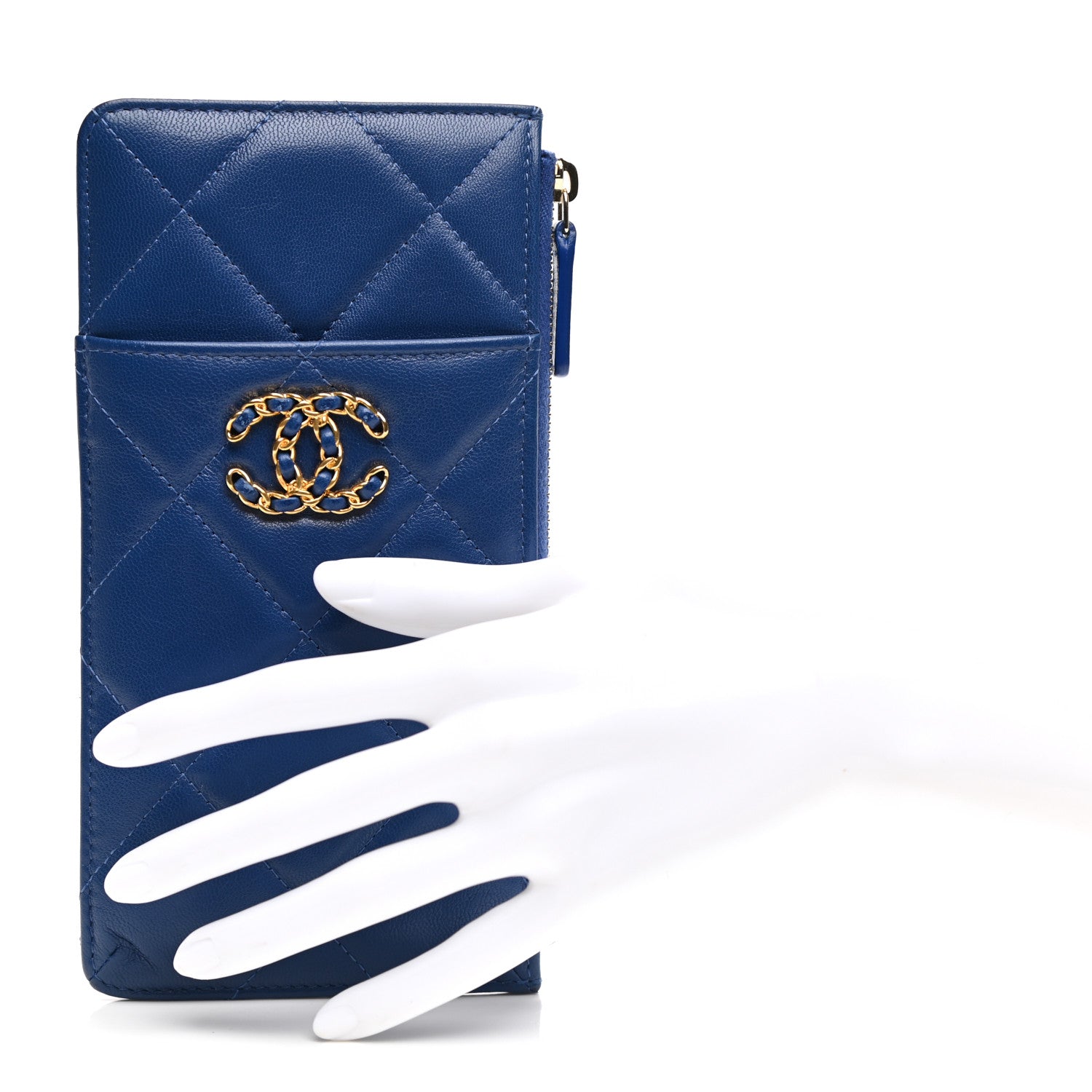 Chanel Shiny Goatskin Quilted Chanel 19 Flat Wallet Pouch Blue 2 of 8