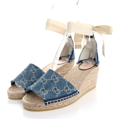 Gucci New Denim GG Monogram Pilar Ankle Wrap Espadrille Wedge Sandals 38 Light Blue 4 of 14