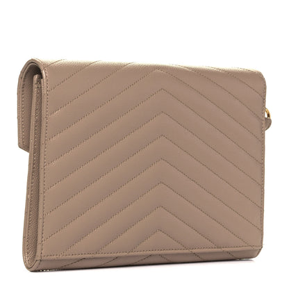 Saint Laurent Grain De Poudre Matelasse Chevron Monogram Envelope Clutch Dark Beige 3 of 8