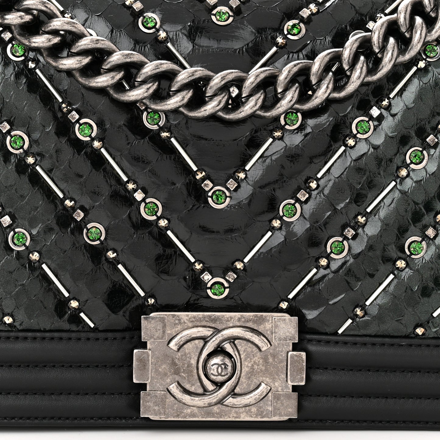 Lambskin Embroidered Snakeskin Chevron Medium Boy Flap Black Green