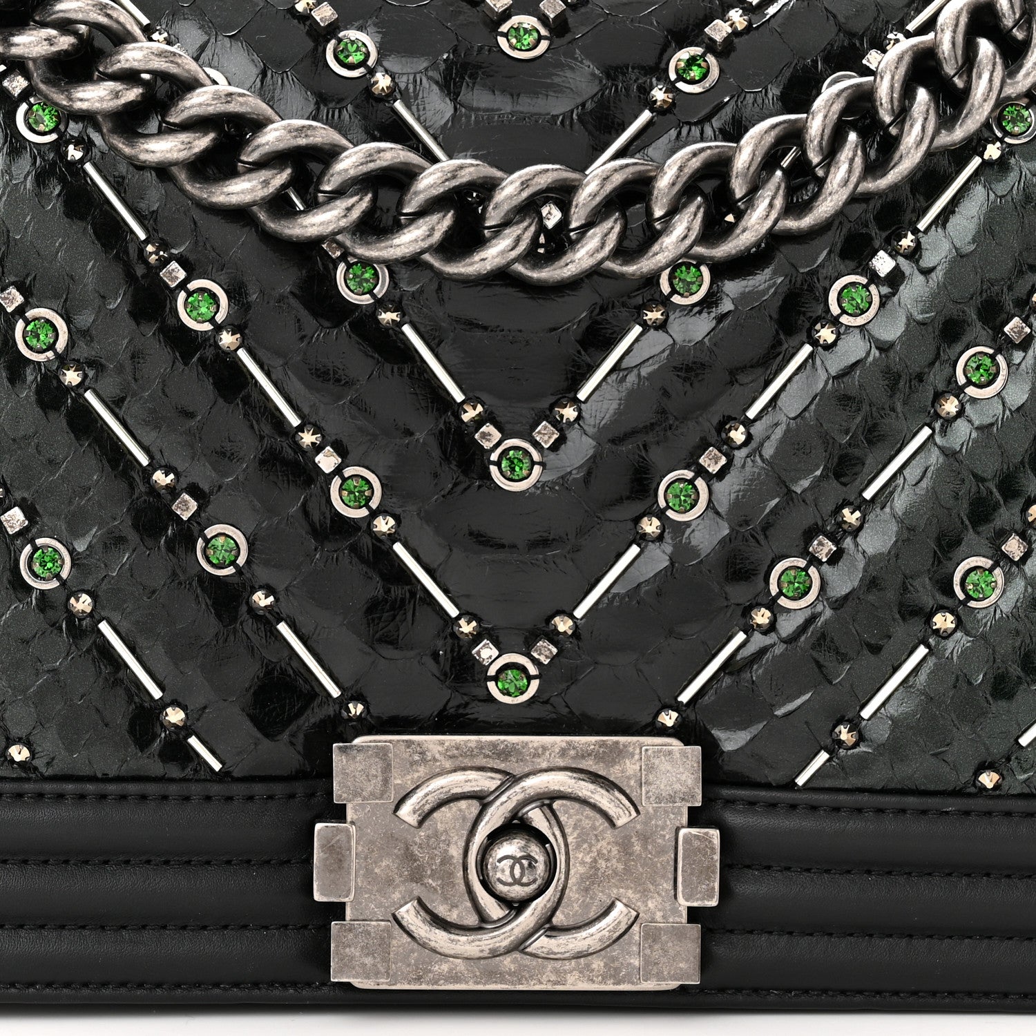 Chanel Lambskin Embroidered Snakeskin Chevron Medium Boy Flap Black Green 8 of 12