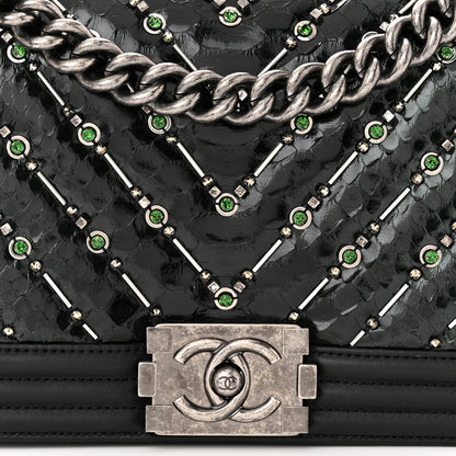 Chanel Lambskin Embroidered Snakeskin Chevron Medium Boy Flap Black Green 8 of 12