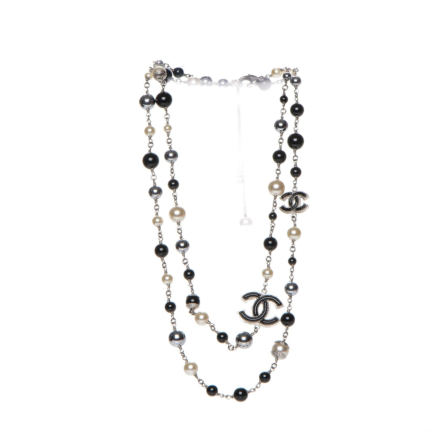 Pearl Bead Enamel CC Long Necklace Silver Black Grey