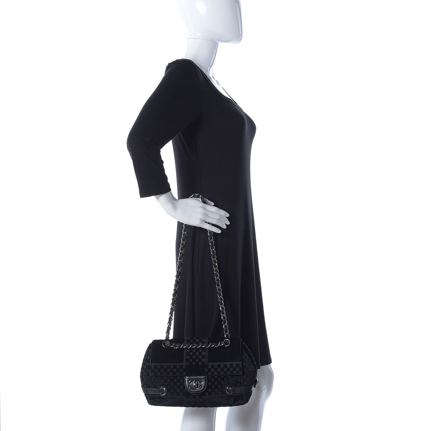 Velvet Checkered Flap Bag Black