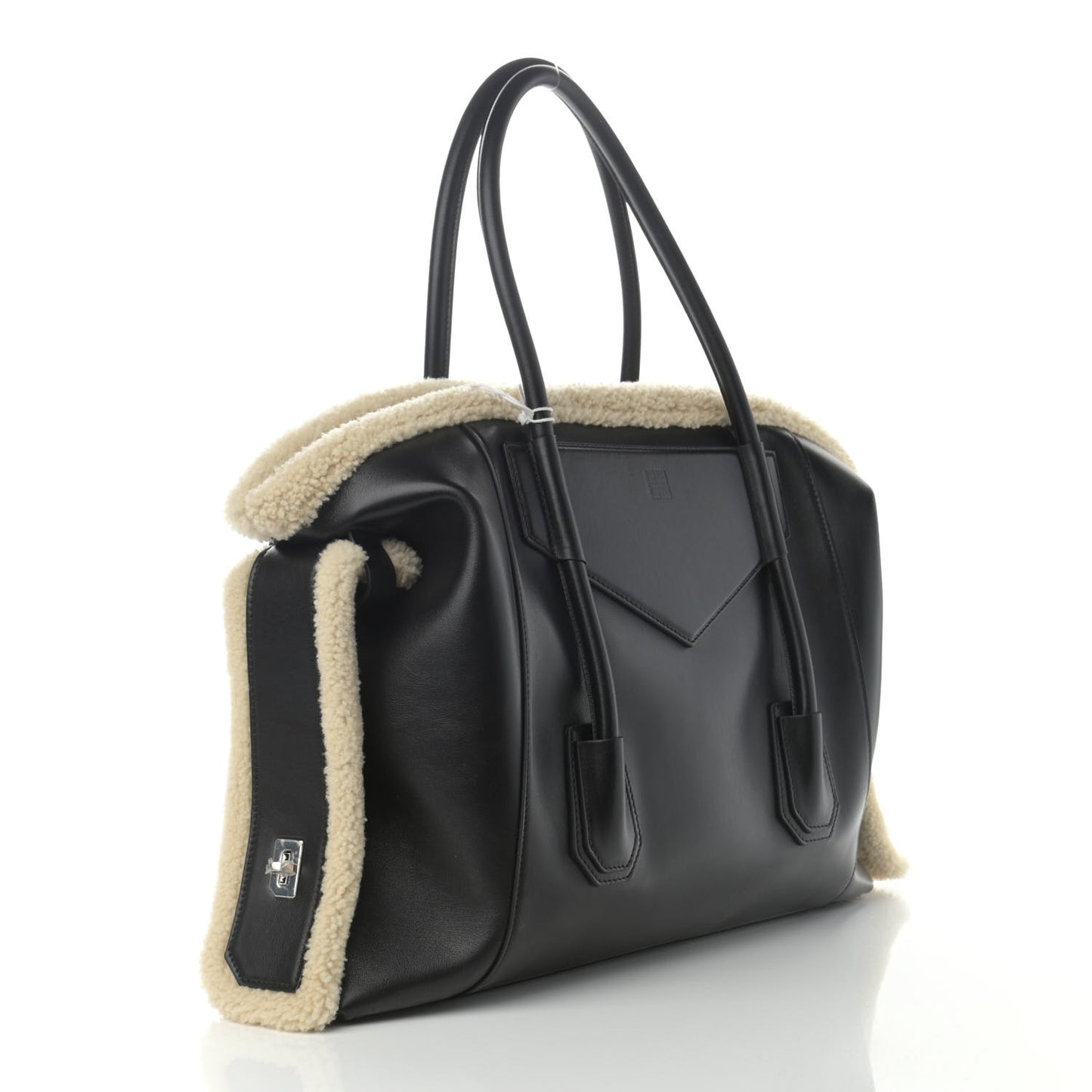 Shearling Calfskin Medium Soft Lock Antigona Shoulder Bag Black Natural
