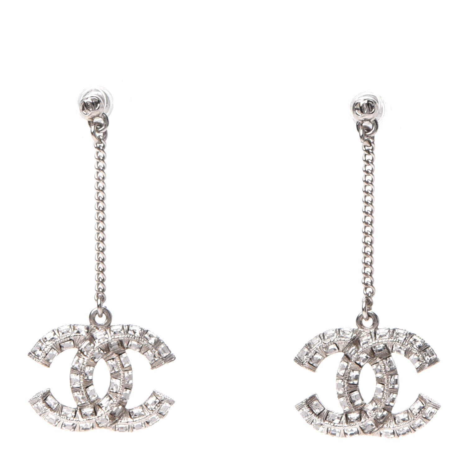 Chanel Baguette Crystal CC Drop Earrings Silver 1 of 4