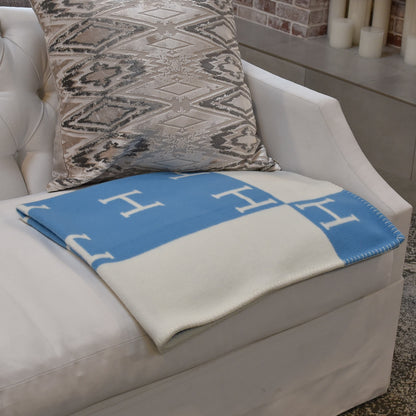 Hermes Wool Cashmere Avalon Baby Blanket Bleu Genievre White 1 of 5