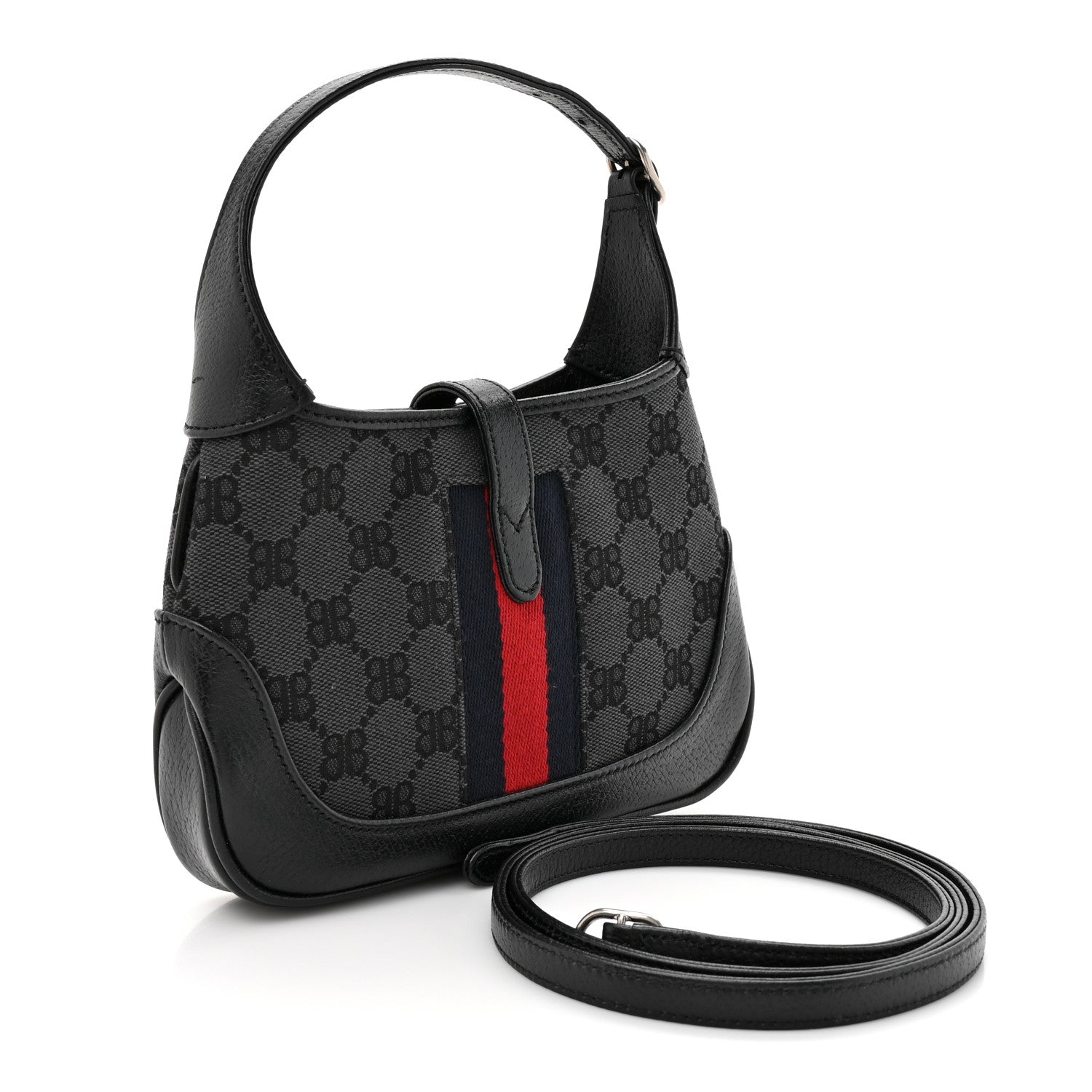 Gucci X BALENCIAGA BB Monogram Calfskin Web Mini Jackie 1961 Hobo Black 3 of 12