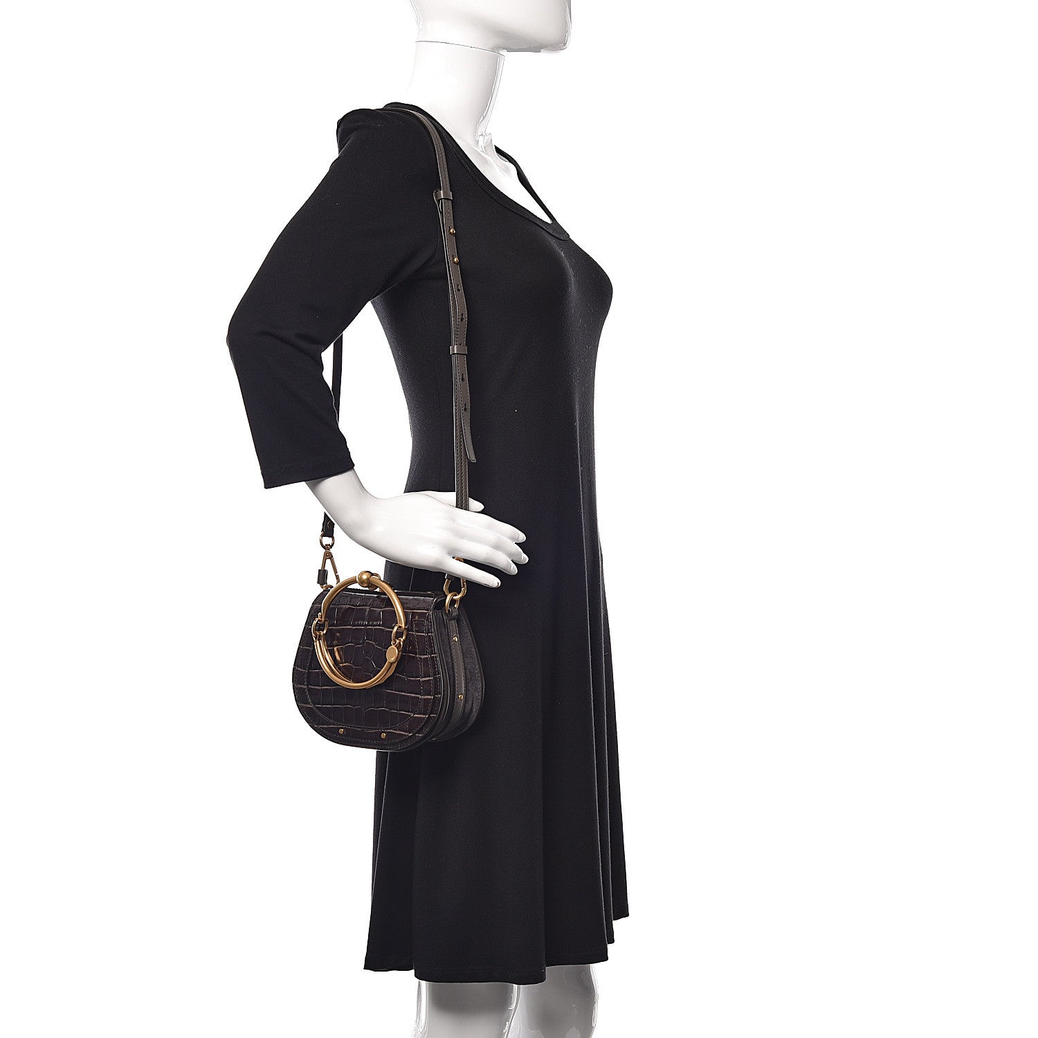 Chloe Suede Calfskin Crocodile Embossed Small Nile Bracelet Bag Profound Brown 2 of 11