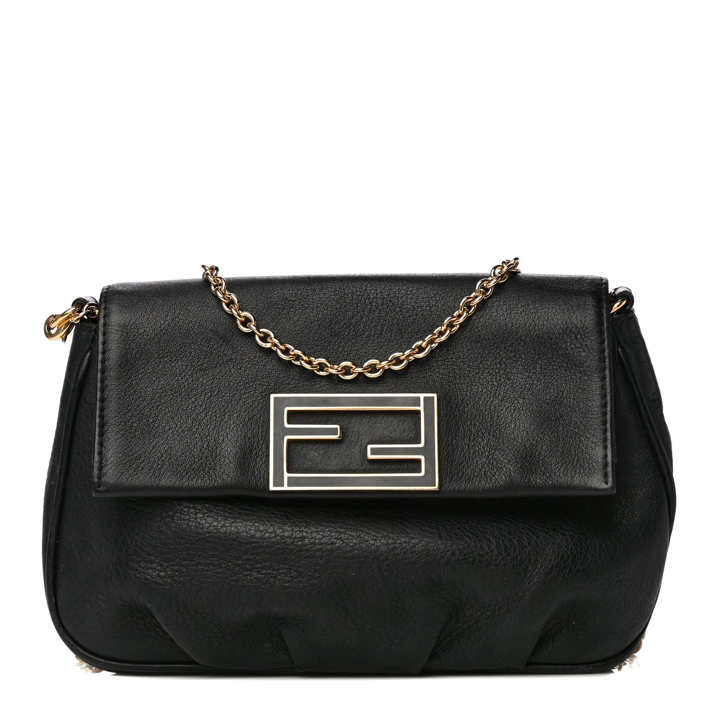 Vitello Flamingo Enamel Fendista Pouchette Crossbody Black