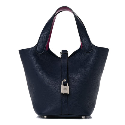 Hermes Taurillon Clemence Swift Eclat Picotin Lock 18 PM Bleu Nuit Rose Pourpre 1 of 9
