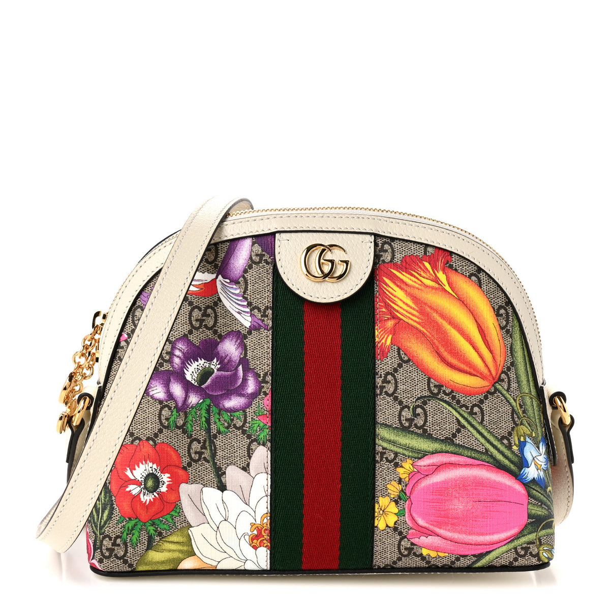 GG Supreme Monogram Flora Web GG Small Ophidia Dome Shoulder Bag White