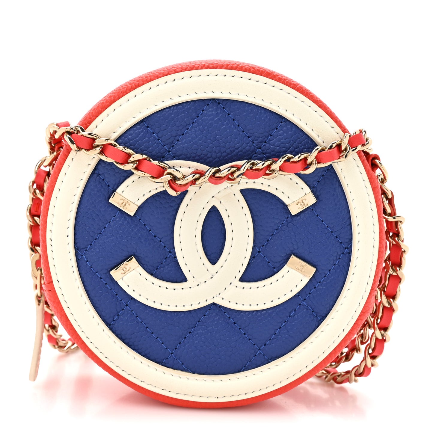 Caviar Quilted Round Filigree Crossbody Blue White Red