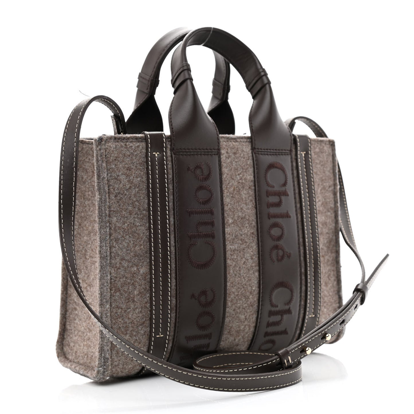 Felt Calfskin Small Woody Ribbon Tote With Strap Deep Beige