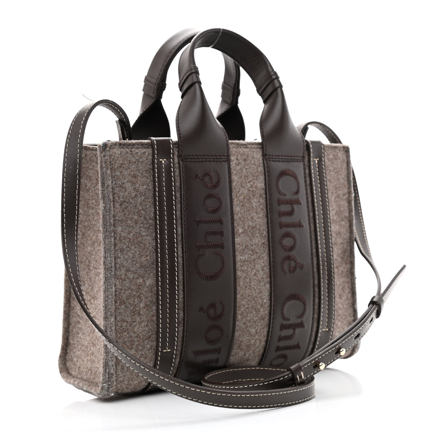 Chloe Felt Calfskin Small Woody Ribbon Tote With Strap Deep Beige 3 of 12