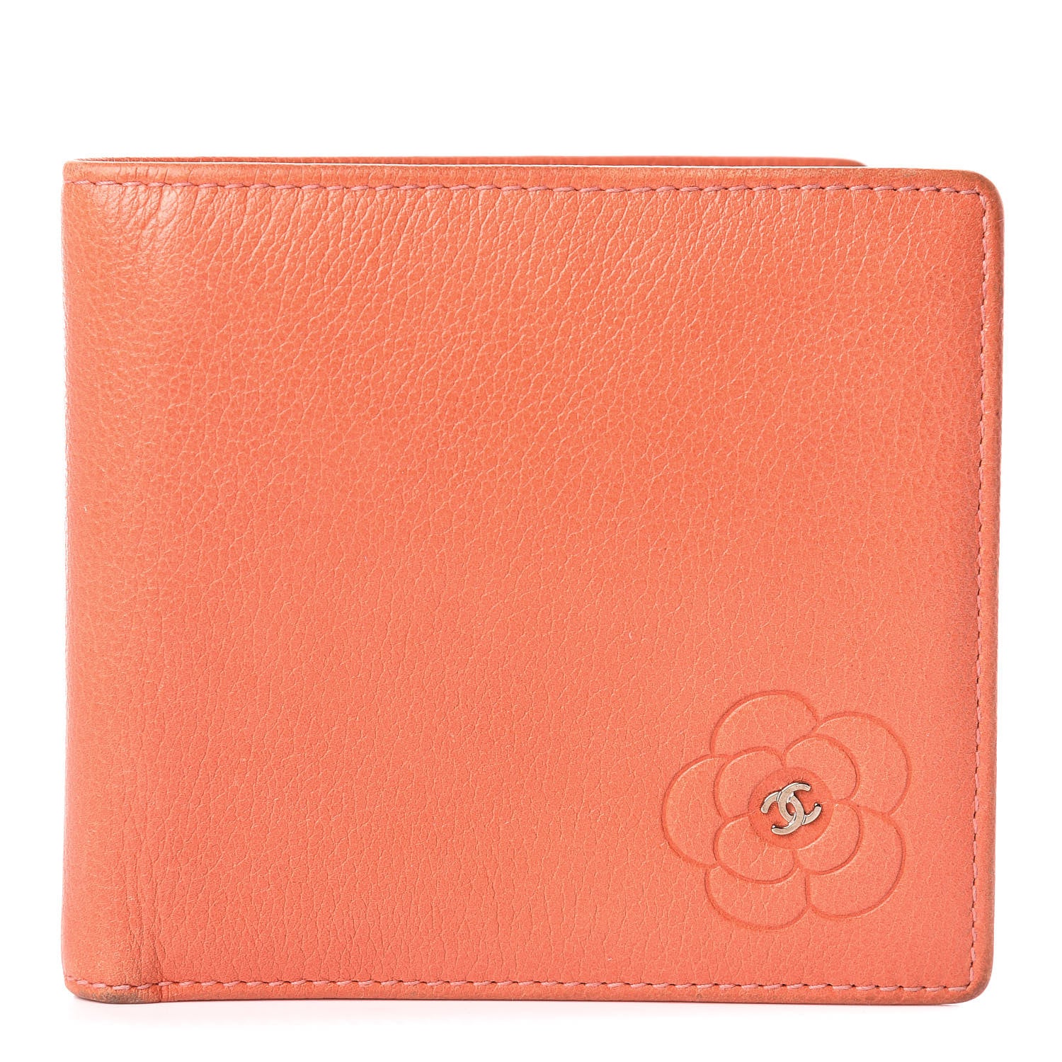 Chanel Goatskin Camellia Embossed Bi-Fold Wallet Coral 1 of 12