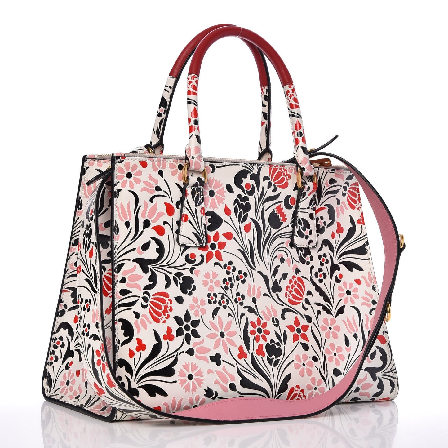 Calfskin Floreale Medium Galleria Double Zip Tote White Rosa