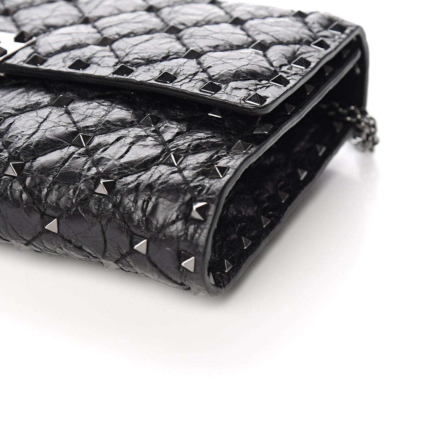 Craquele Nappa Rockstud Spike Wallet on Chain Black