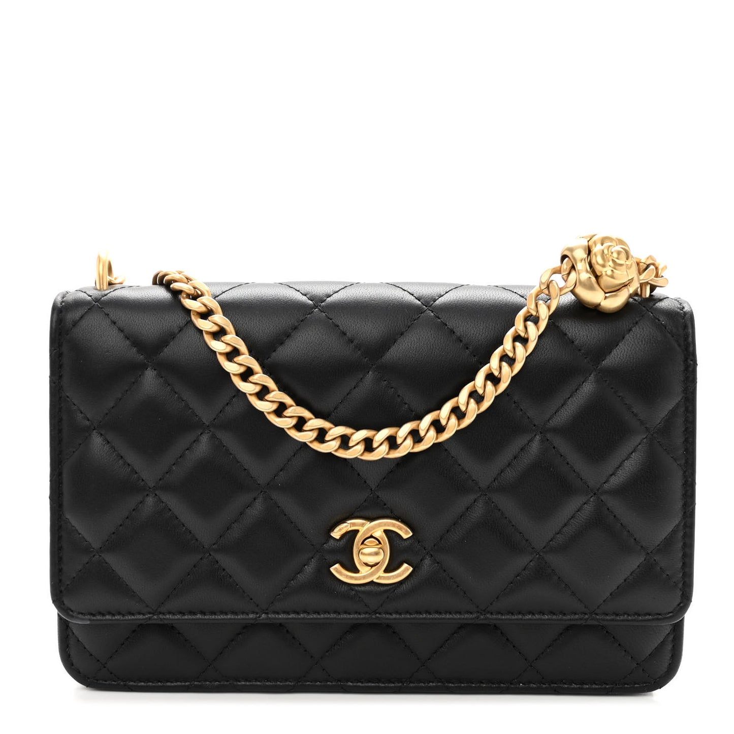 Lambskin Quilted Sweet Camellia Wallet on Chain WOC Black