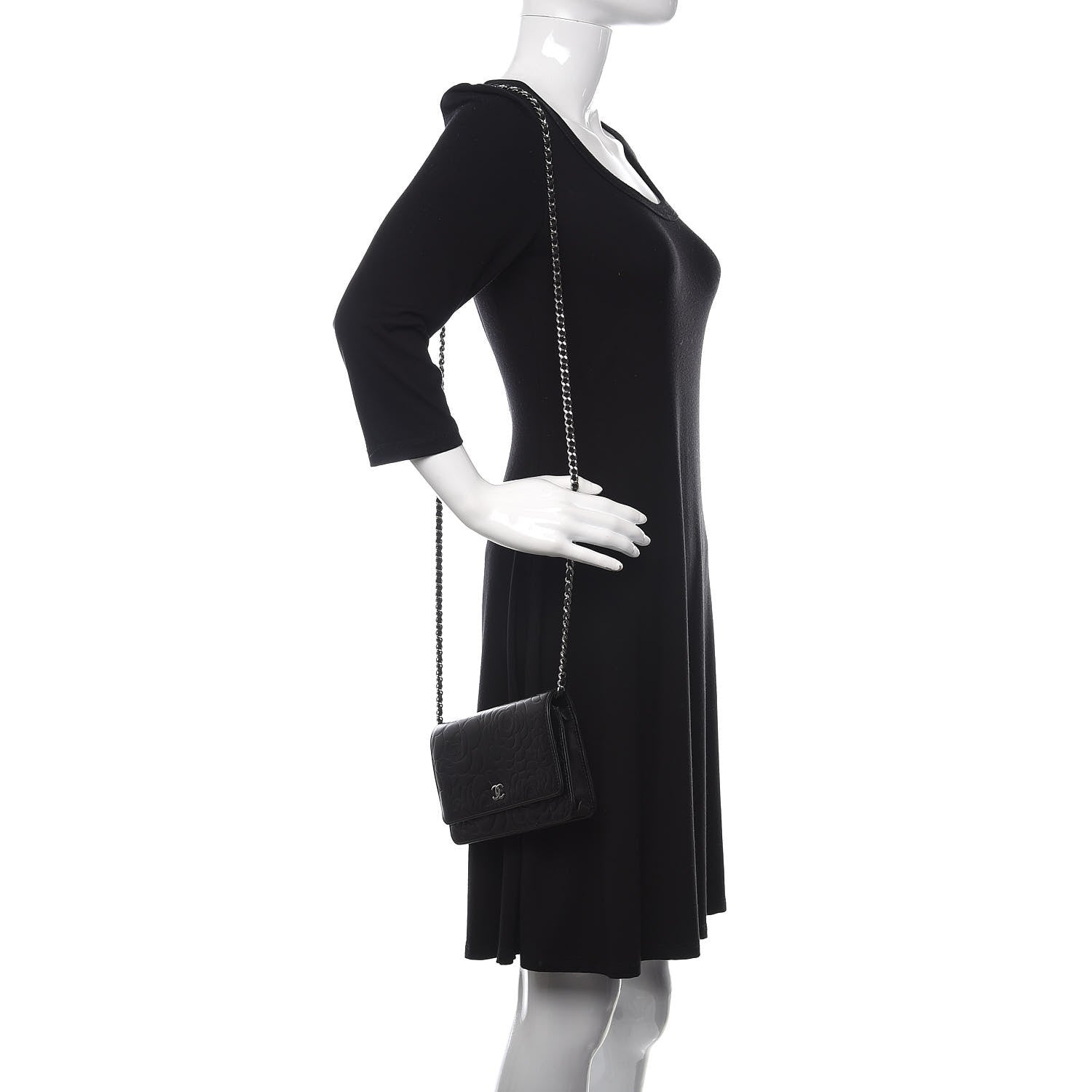 Chanel Goatskin Camellia Embossed Wallet on Chain WOC Black 3 of 15