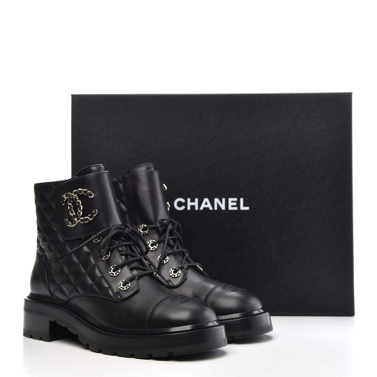 Shiny Lambskin Quilted Lace Up Combat Boots 39 Black