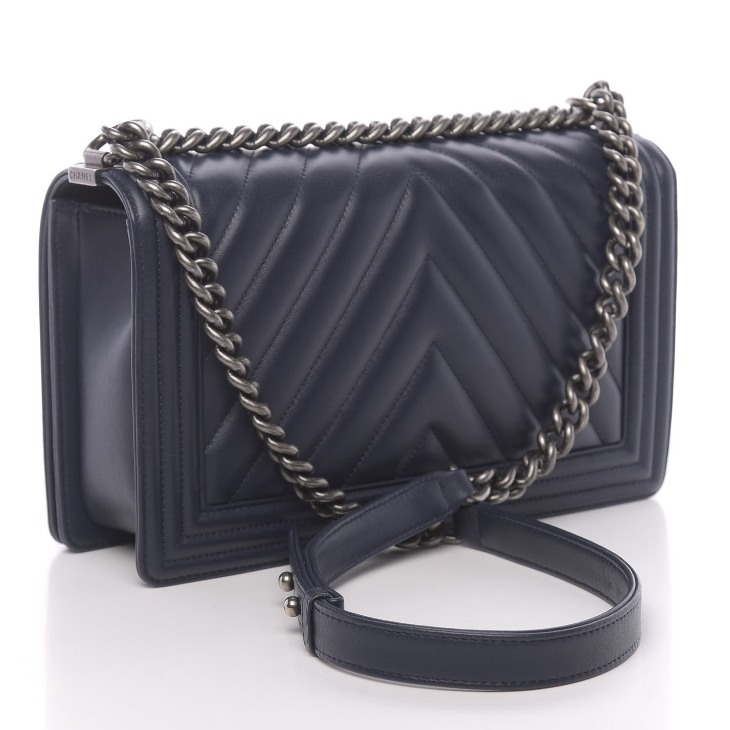 Calfskin Chevron Quilted New Medium Boy Flap Dark Navy Blue