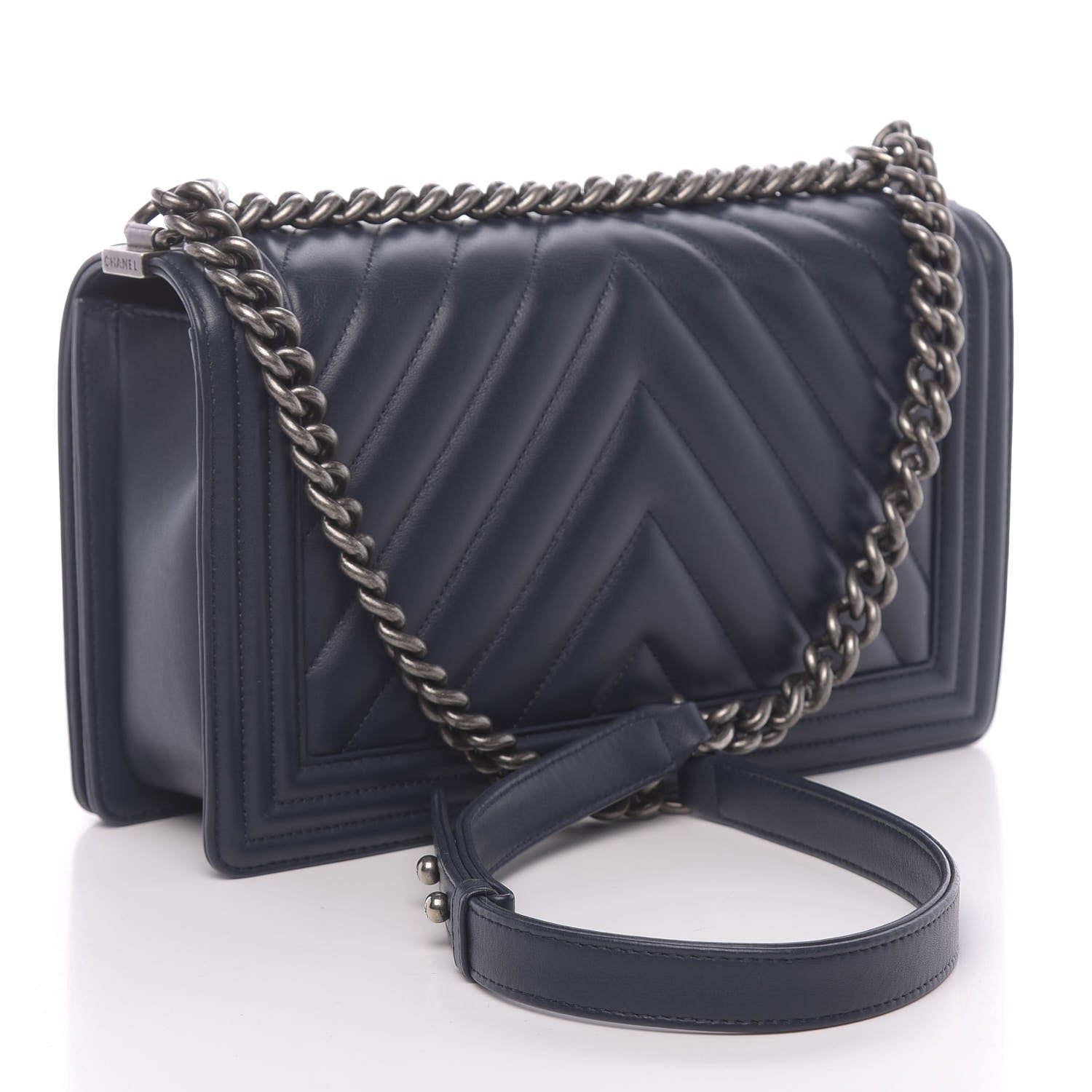Chanel Calfskin Chevron Quilted New Medium Boy Flap Dark Navy Blue 3 of 10