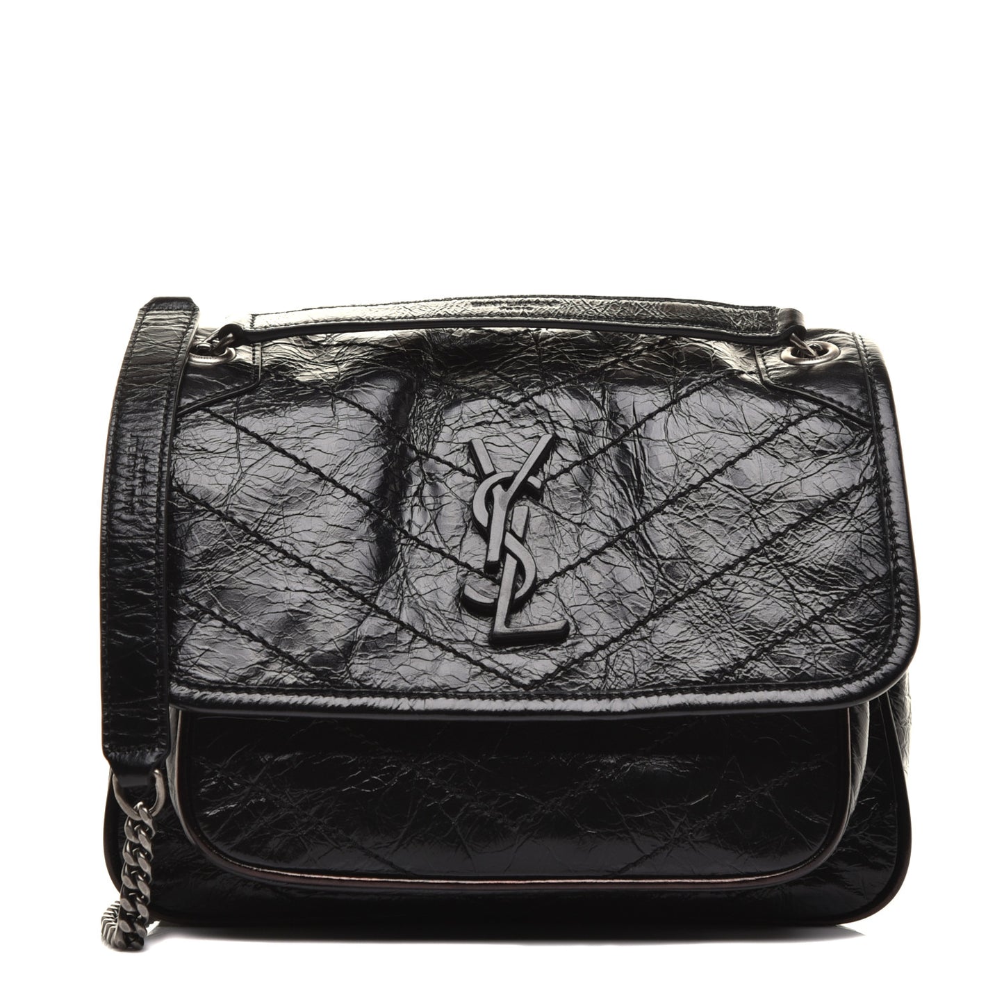 Crinkled Calfskin Matelasse Monogram Baby Niki Chain Satchel Black