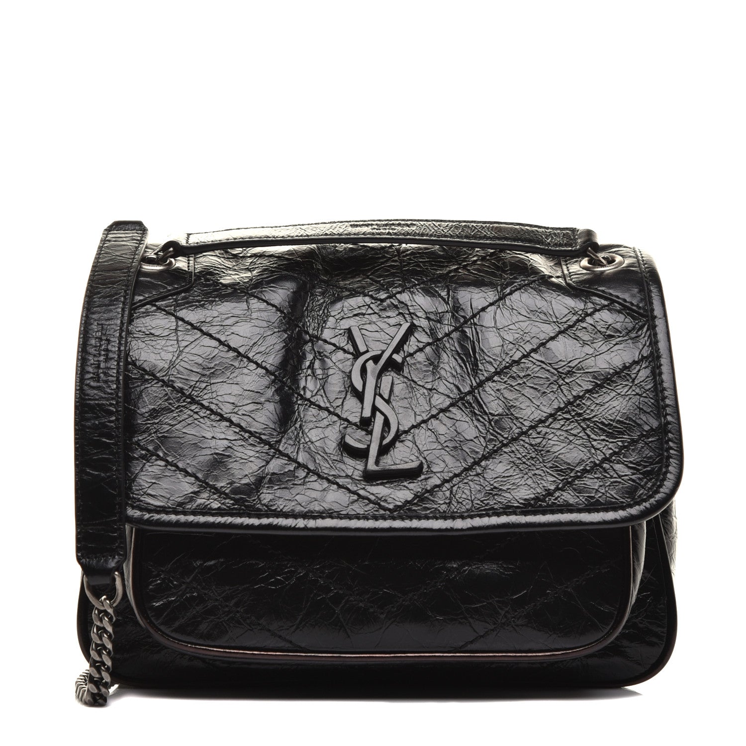 Saint Laurent Crinkled Calfskin Matelasse Monogram Baby Niki Chain Satchel Black 1 of 9