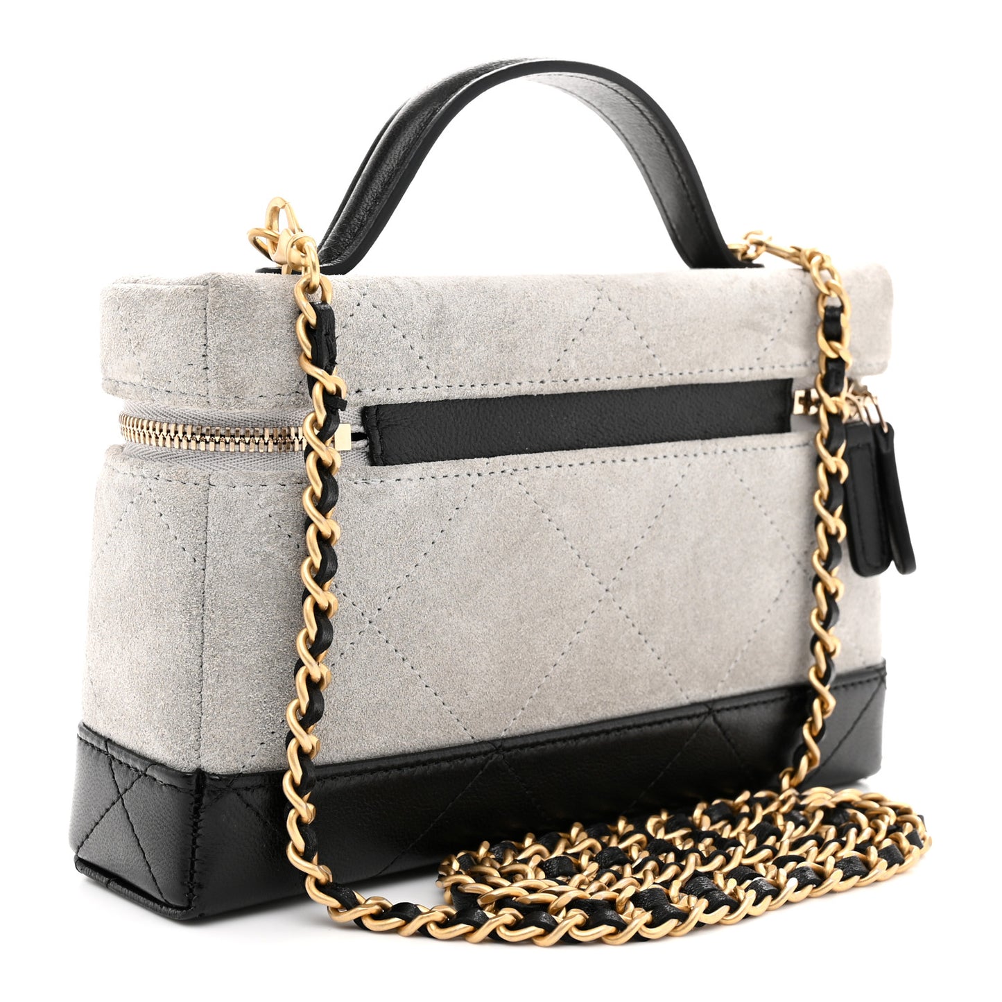 Suede Calfskin Shiny Lambskin Quilted Top Handle Slim Vanity Case With Chain Grey Black