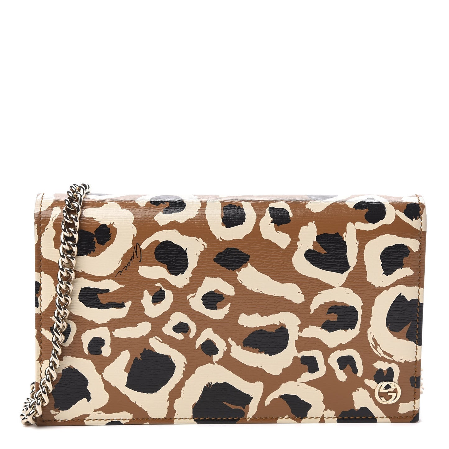 Patent Leopard Print Betty Chain Wallet Tobacco Black