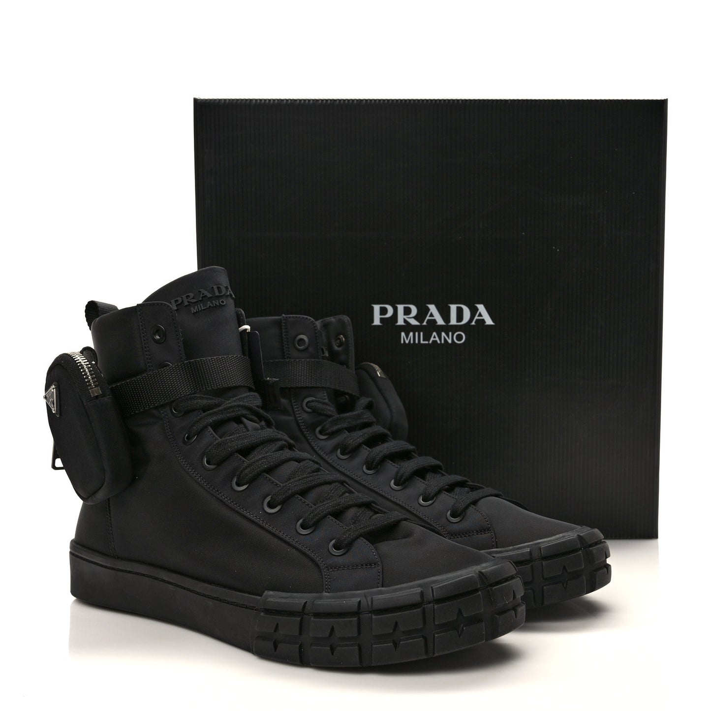 Re-Nylon Gabardine Metal Triangle Logo Mens Wheel Pouch Pocket High Top Sneakers 12 Black