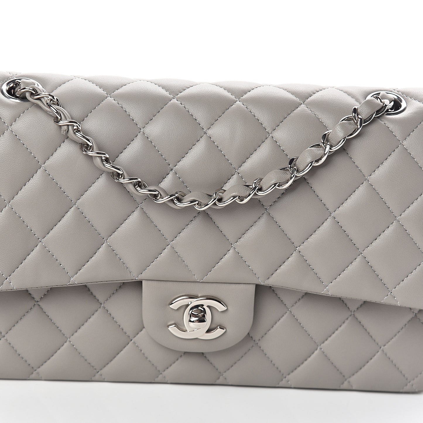 Lambskin Quilted Medium Double Flap Grey