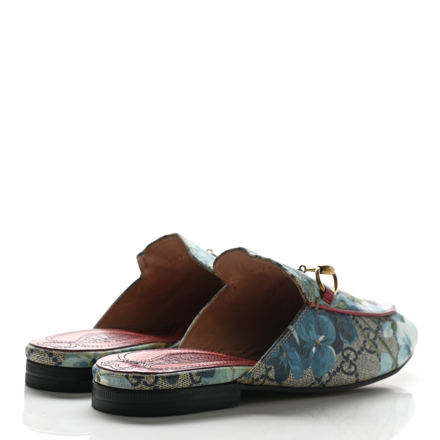 GG Supreme Monogram Blooms Womens Princetown Slippers 34 Beige Blue Navy Hibiscus Red