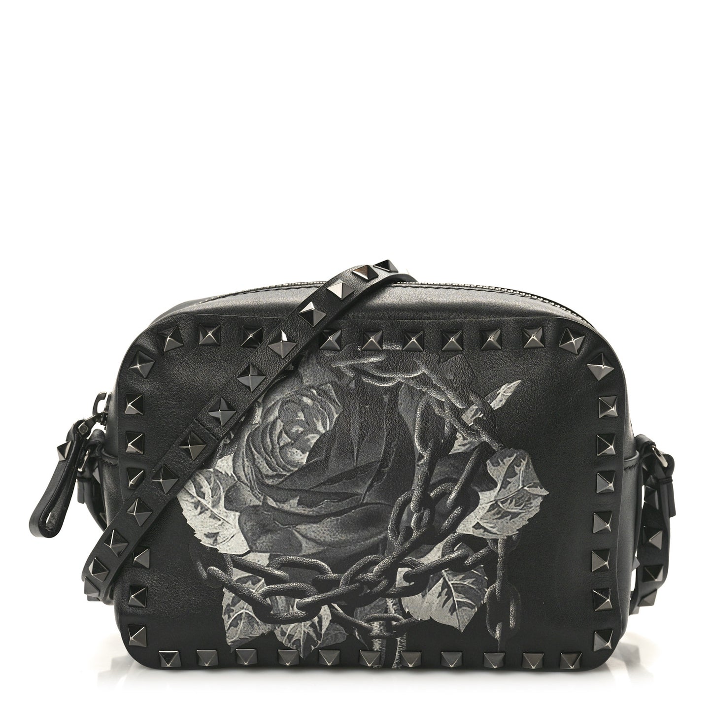 X UNDERCOVER Calfskin Rockstud Rose Print Camera Crossbody Bag Black
