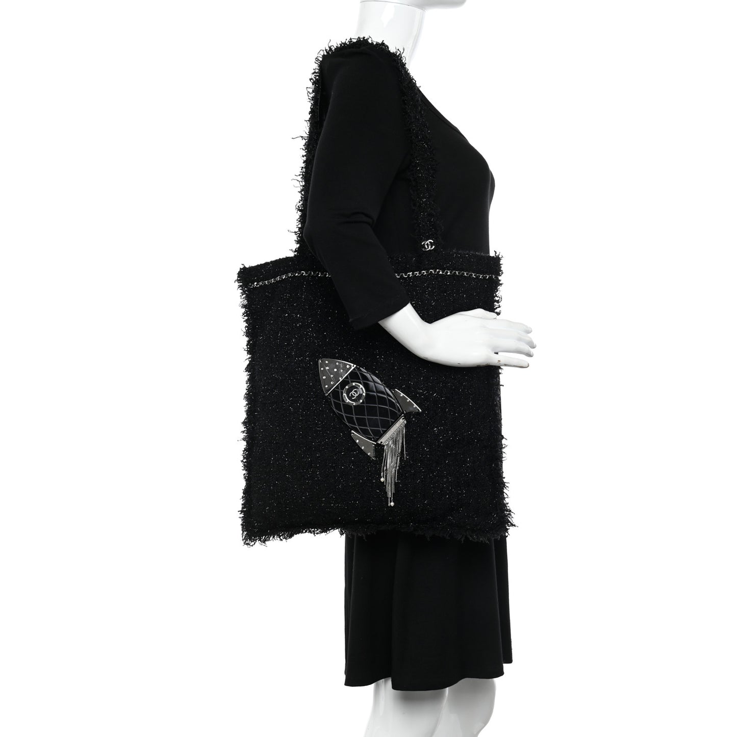 Tweed Resin Strass Shopping In Fabrics Tote Black
