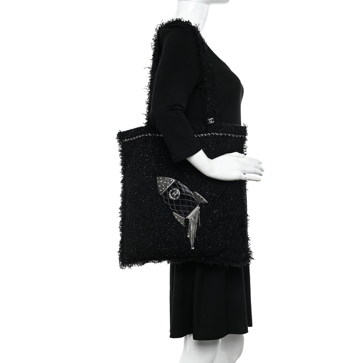 Chanel Tweed Resin Strass Shopping In Fabrics Tote Black 2 of 10