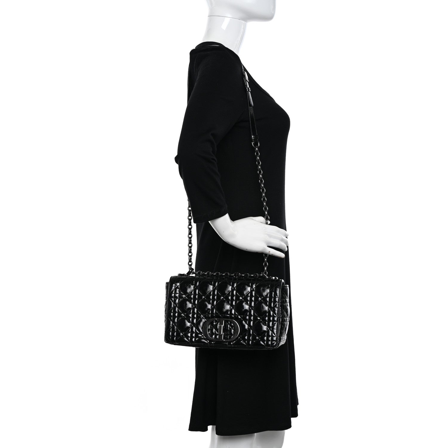 Christian Dior Crinkled Patent Lambskin Cannage Medium Caro Bag Black 3 of 11