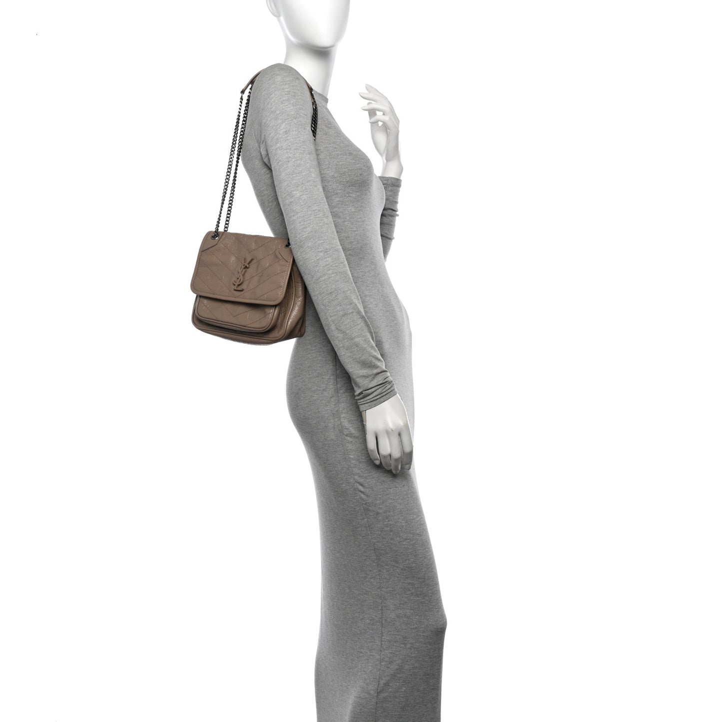 Crinkled Calfskin Matelasse Monogram Baby Niki Chain Satchel Light Taupe