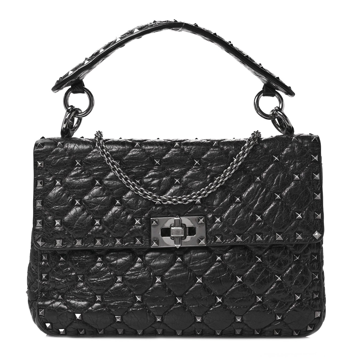 Craquele Nappa Medium Rockstud Spike Shoulder Bag Black