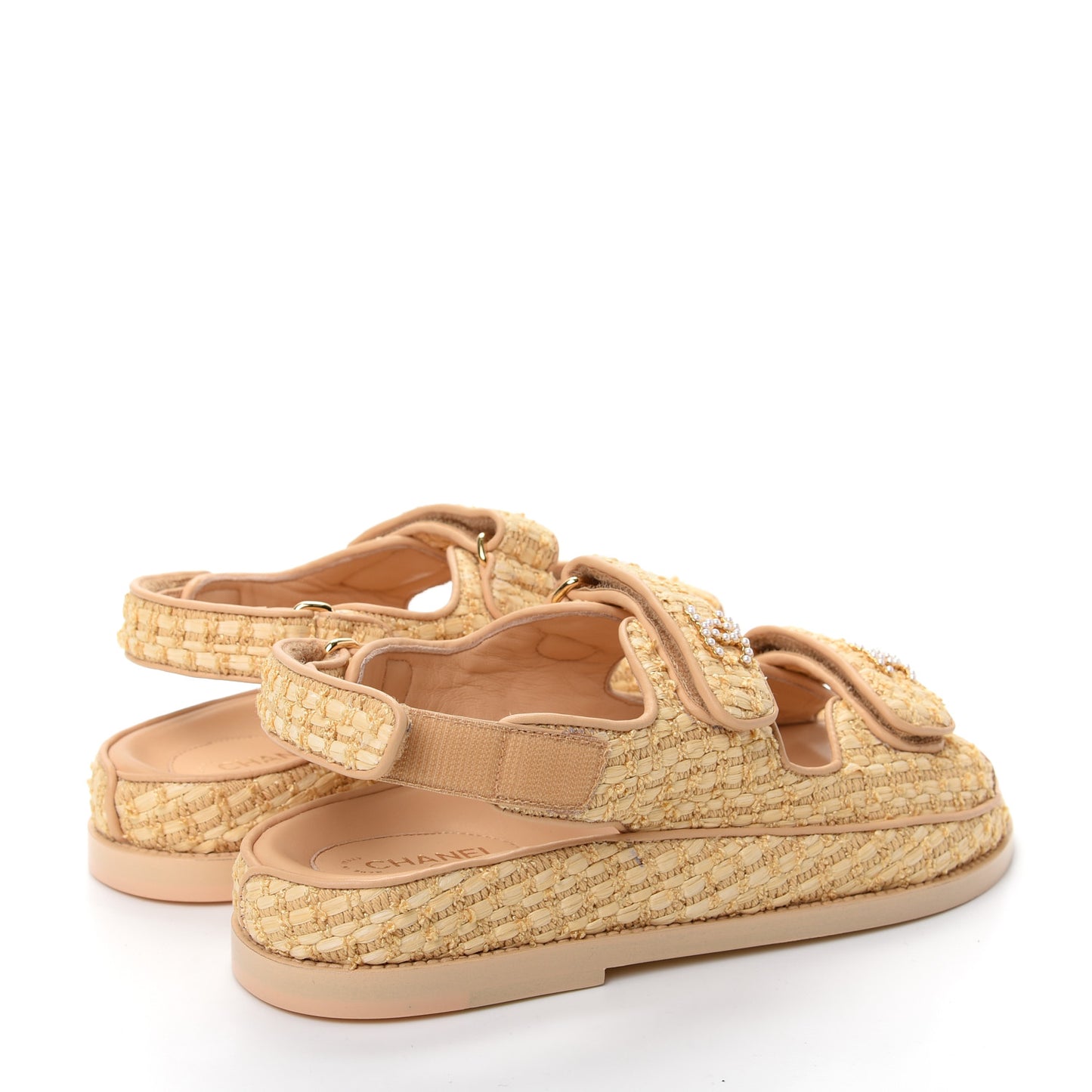 Raffia Pearl Velcro Dad Sandals 37 Beige
