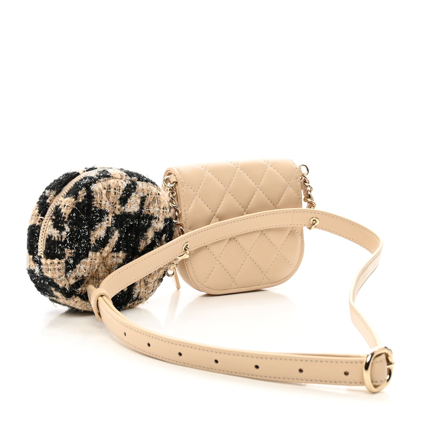 Tweed Lambskin Quilted Waist Bag With Coin Purse Beige