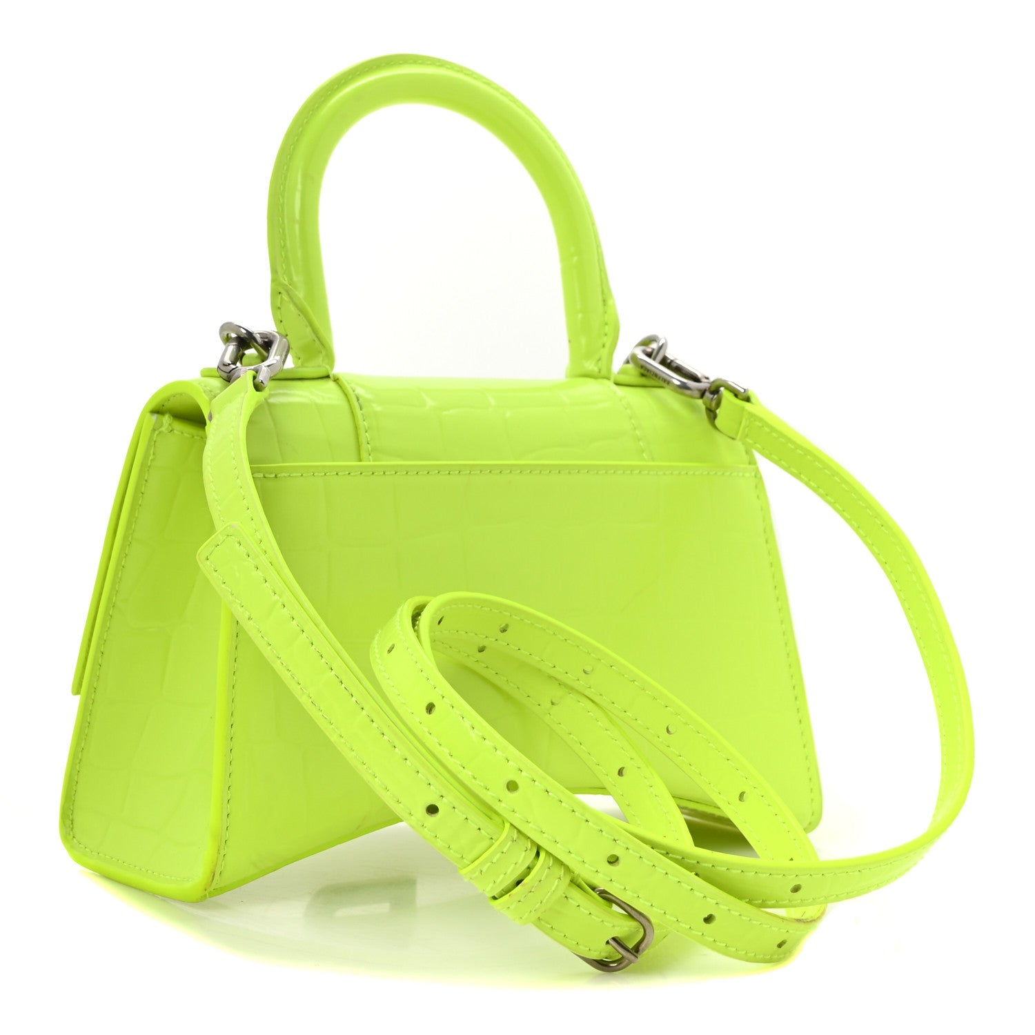 Balenciaga Shiny Calfskin Crocodile Embossed Hourglass Top Handle Bag XS Fluo Yellow 3 of 11